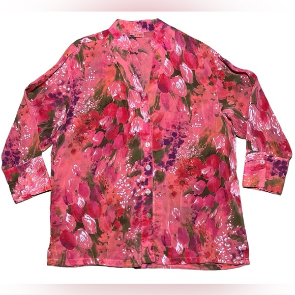 Tianello Taipei 100% Rayon Mandarin Collar Button Down Blouse Pink & Red Sz XS - Picture 6 of 11